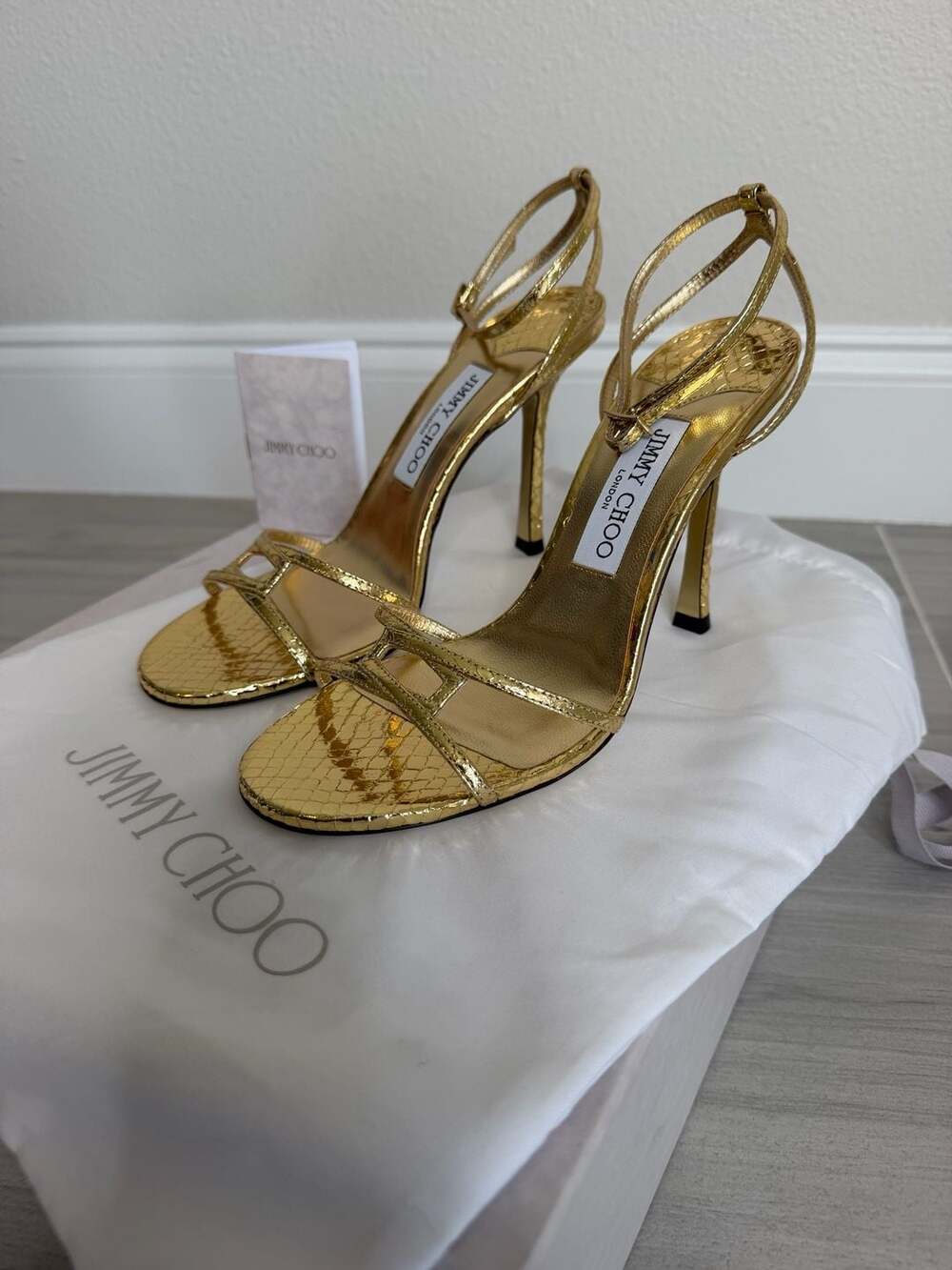 Jimmy Choo Leo 100 Gold Candy Wrap Leather Heels Sandals EU 38 US 8 - Picture 2 of 10
